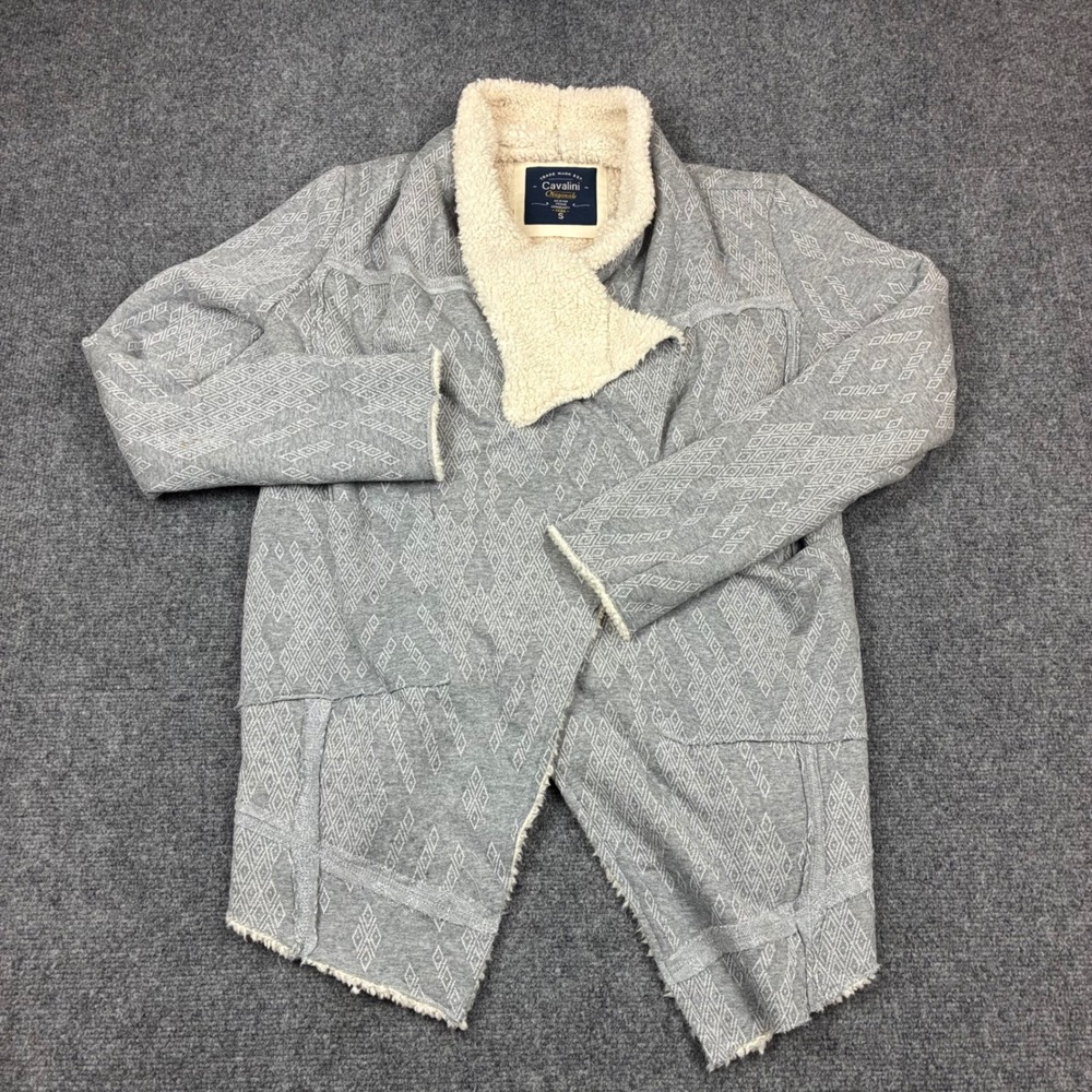 Cavalini Original Grey Diamond Faux Fur Sherpa Lined Open Front Cardigan Small